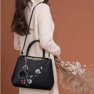 Handbag Embroidery Top Handle Shoulder Bag Tote Purse Black